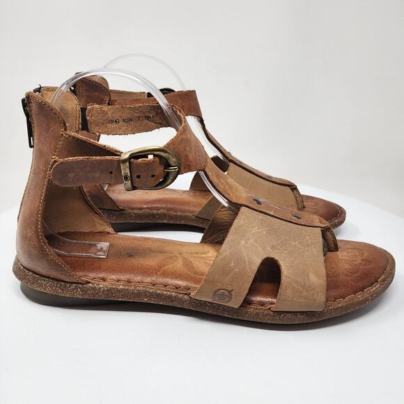 Born Timina T-strap Gladiator sandals Women 10 Tan & Natural Leather Heel Zip - Picture 2 of 13